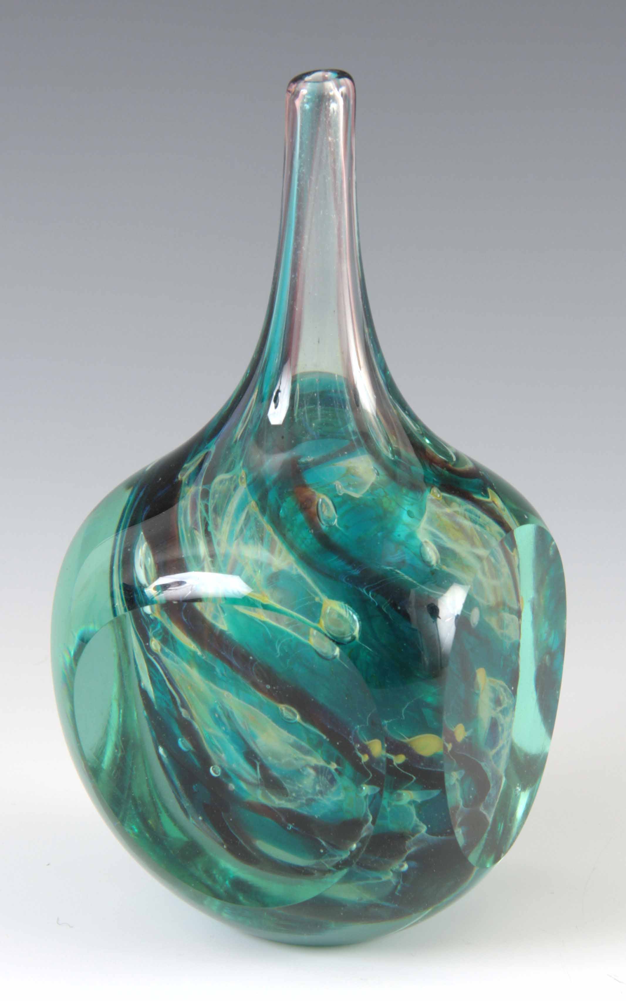 A MDINA GLASS LOLLIPOP VASE circa 1970s with faceted sides, signed, 18cm high 9.5cm wide.