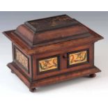 A LATE 19TH CENTURY WALNUT AND PAINTED AESTHETIC WORK BOX the hinged caddy style top having a