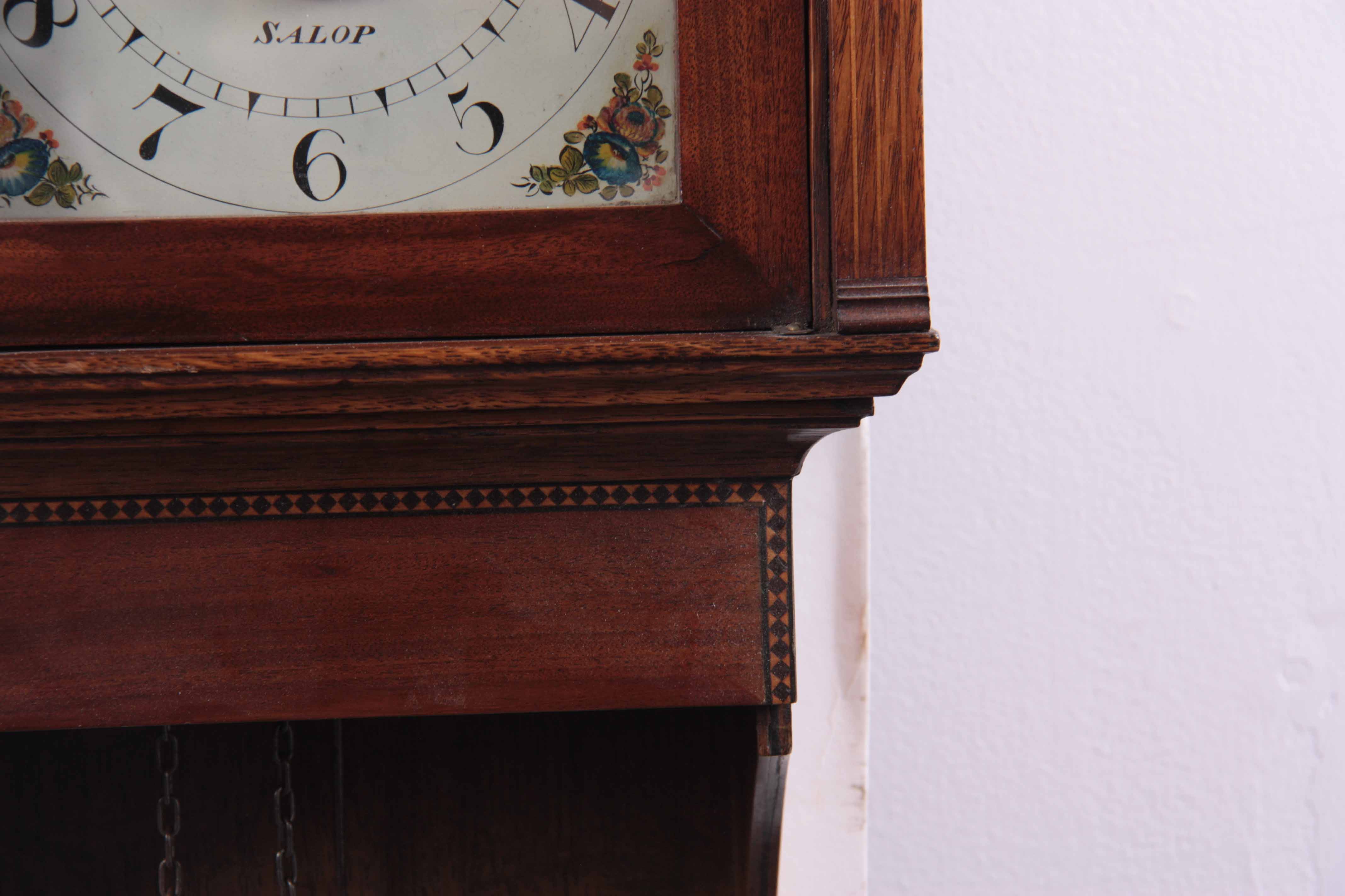 W. EVANS, SALOP. A LATE 18TH CENTURY OAK AND MAHOGANY HOODED WALL CLOCK the case having a swan - Image 9 of 10