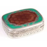 AN EARLY 20th CENTURY SILVER AND ENAMEL SNUFF BOX the scroll engraved box with hinged lid having