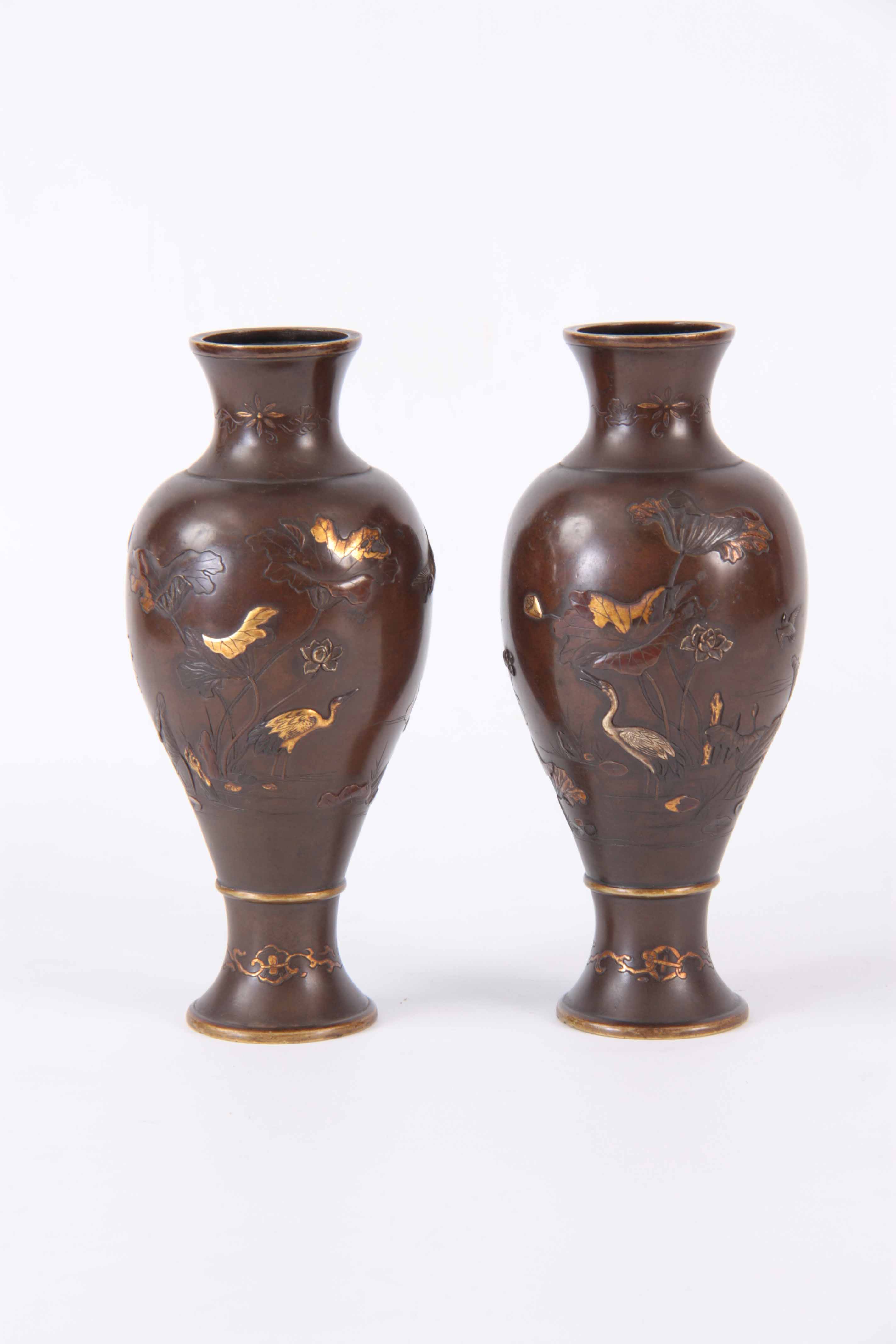 A PAIR OF MEIJI PERIOD JAPANESE BRONZE INLAID VASES decorated with gold and silver inlays of - Image 3 of 12