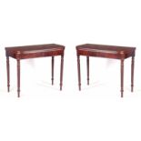 A PAIR OF GEORGE III FIGURED MAHOGANY TEA TABLES with fold over tops above a shallow short grained