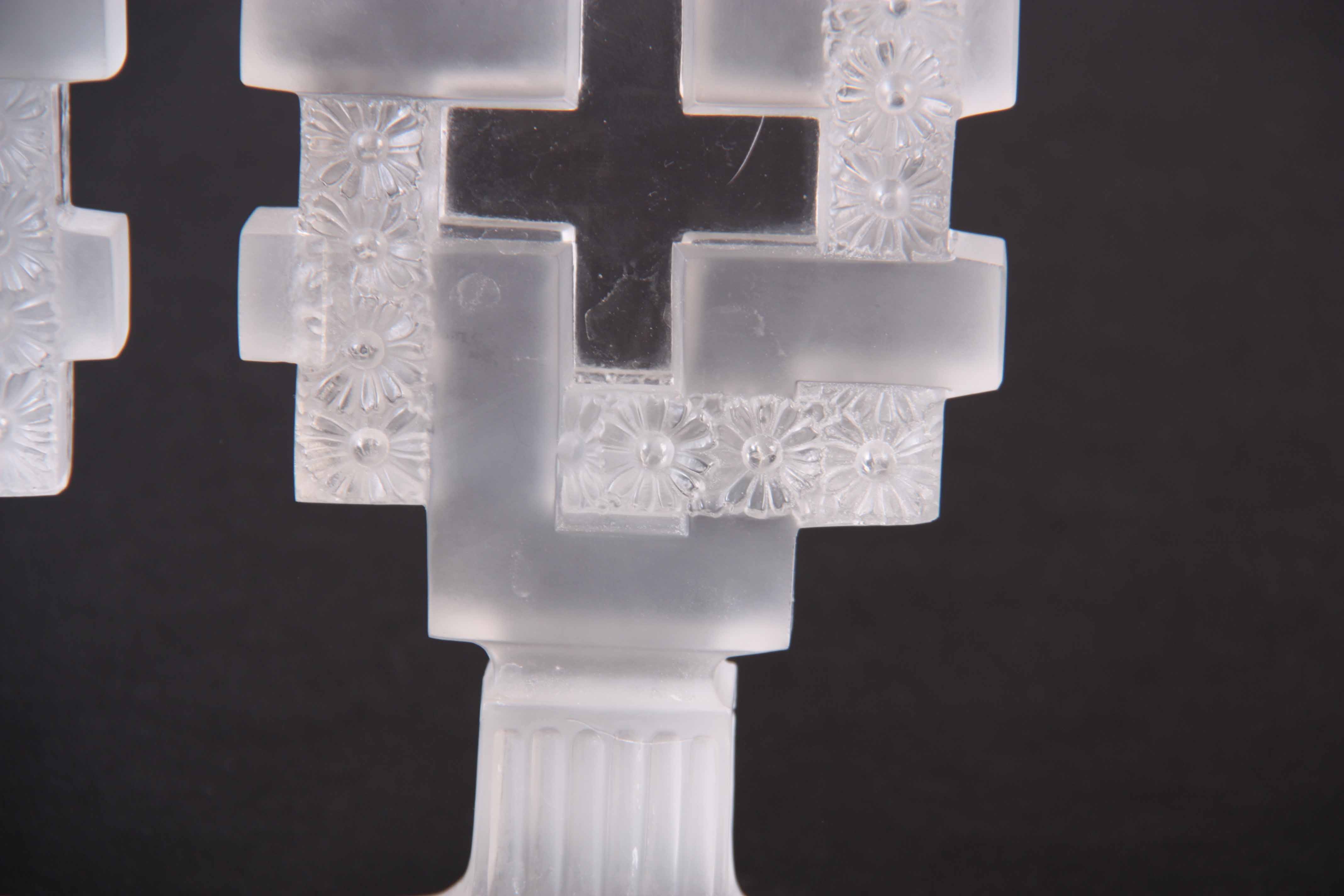 R. LALIQUE A PAIR OF GLASS PAQUERETTES CANDLESTICKS - impressed R. Lalique 23cm high. - Image 3 of 7
