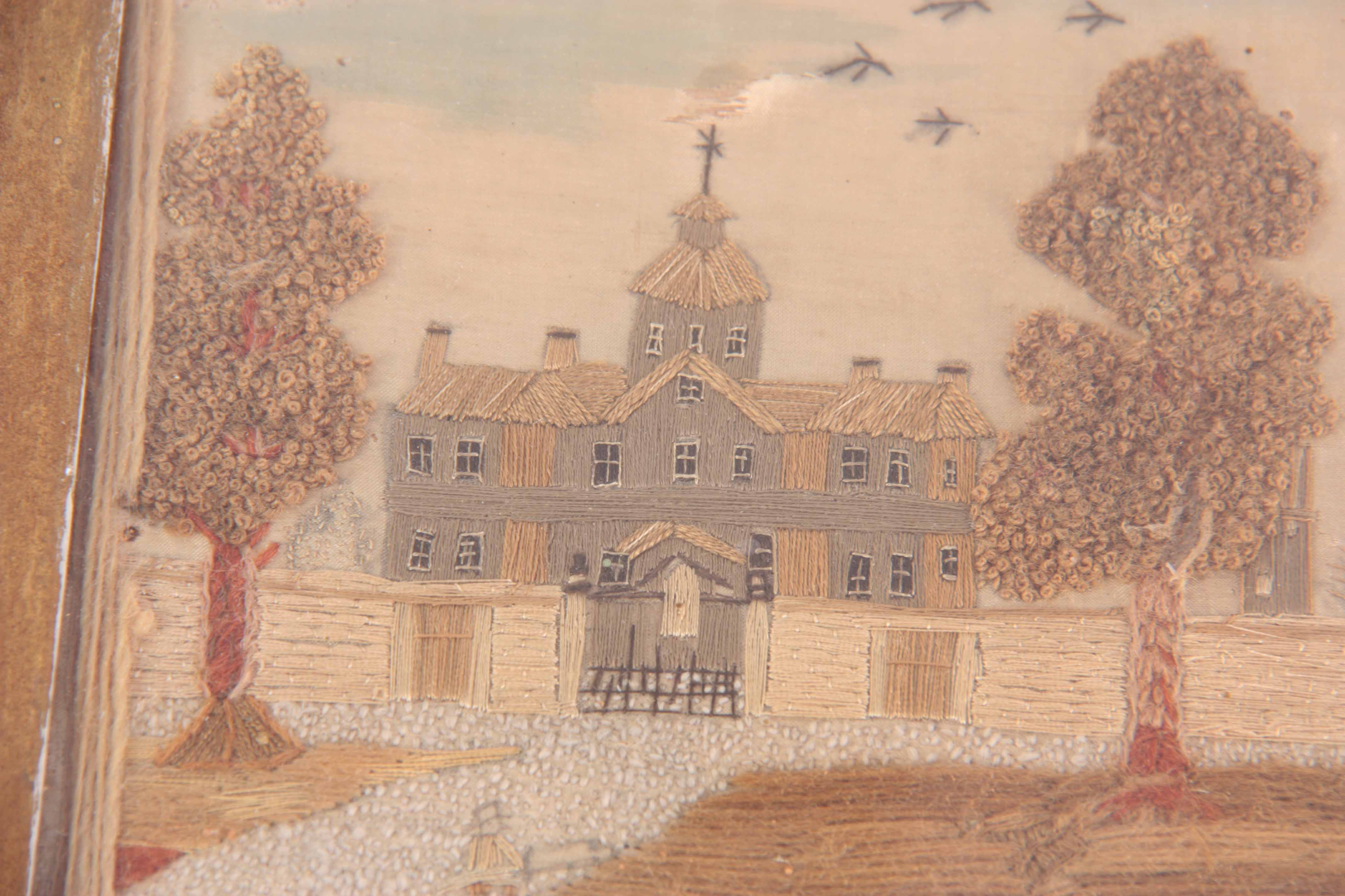 AN 18TH CENTURY STUMPWORK EMBROIDERY ON SILK depicting a large country house done in long stitch, - Image 2 of 5