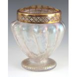 A 19TH CENTURY JOHN WALCH IRIDESCENT ROSE BOWL of lobed form with moulded base and gilt metal lid