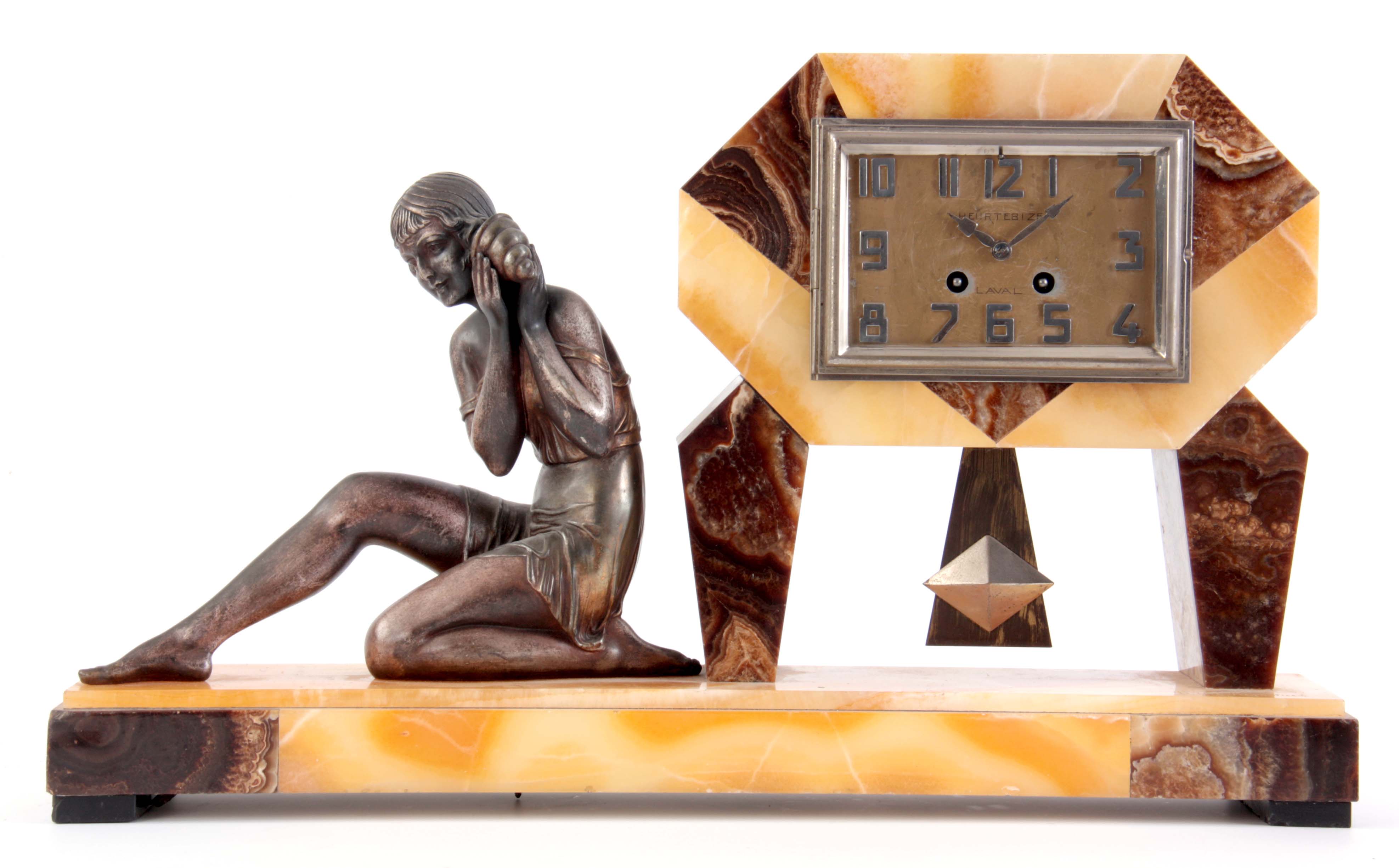 A LARGE ART DECO FIGURAL MARBLE CLOCK SIGNED 'D.H. CHIPARUS' modelled ...