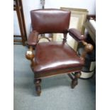 Good quality Late Victorian Oak and Faux Leather upholstered Elbow chair of turned detail
