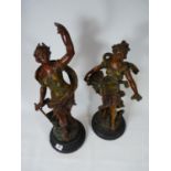 2 Edwardian figure painted spelter figures, 'Jeunesse' and 'L'Historie' by Moreau