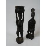 2 Central African Hardwood carved figures of a Man with bowl and another with drum