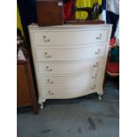 French Style white and gilt serpentine fronted chest of 5 drawers on squat cabriole feet