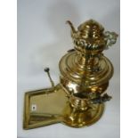 Good quality Large Brass Samovar with turned wooden handles, on Brass shaped Tray, 45cm in Height.