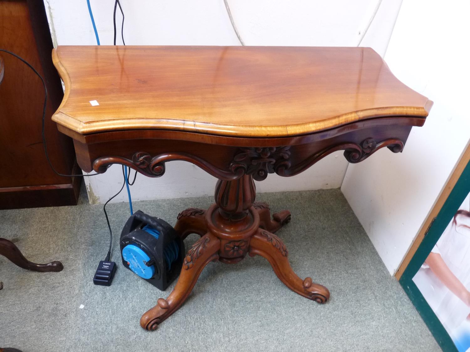 19thC Mahogany fold over card table with inlaid baize, Highly carved support over floral carved - Image 2 of 2