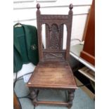 19thC Oak Gothic Carved Church Chair with Acron finials and plank seat