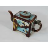 Interesting Majolica Chinese influenced teapot in the style of Christopher Dresser, 14.5cm in