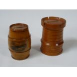 Mauchline ware barrel money box with Ardrishaig scene and printed 'Bought at the Bookstall on