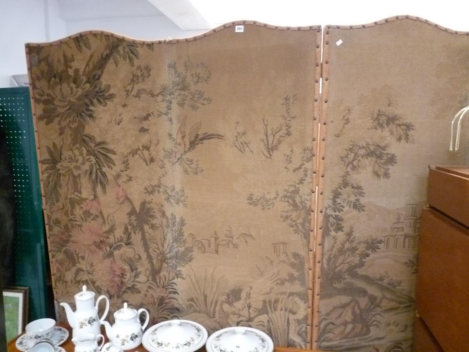 Edwardian 4 Fold embroidered screen with Estate scene background, studded