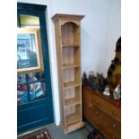 Modern Pine narrow bookcase with panel back and single drawer