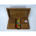 Edwardian Walnut hinged card case with counters and 4 packs of cards. Condition: Transfer wear to