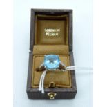 Boxed Robinson Pelham 18ct White Gold Ring with Cushion Cut Blue Topaz 7.5ct with Diamond rub-over