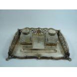 Good quality 19thC Silver Desk inkstand with pierced detail over paw feet, Sheffield 1902, and