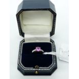 Ladies 18ct White Gold Ring with Solitaire set Pink Tourmaline 0.80ct flanked by Baguette cut
