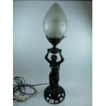 Edwardian table lamp of a woman holding frosted fitting, over pottery glazed base, 60cm in Height