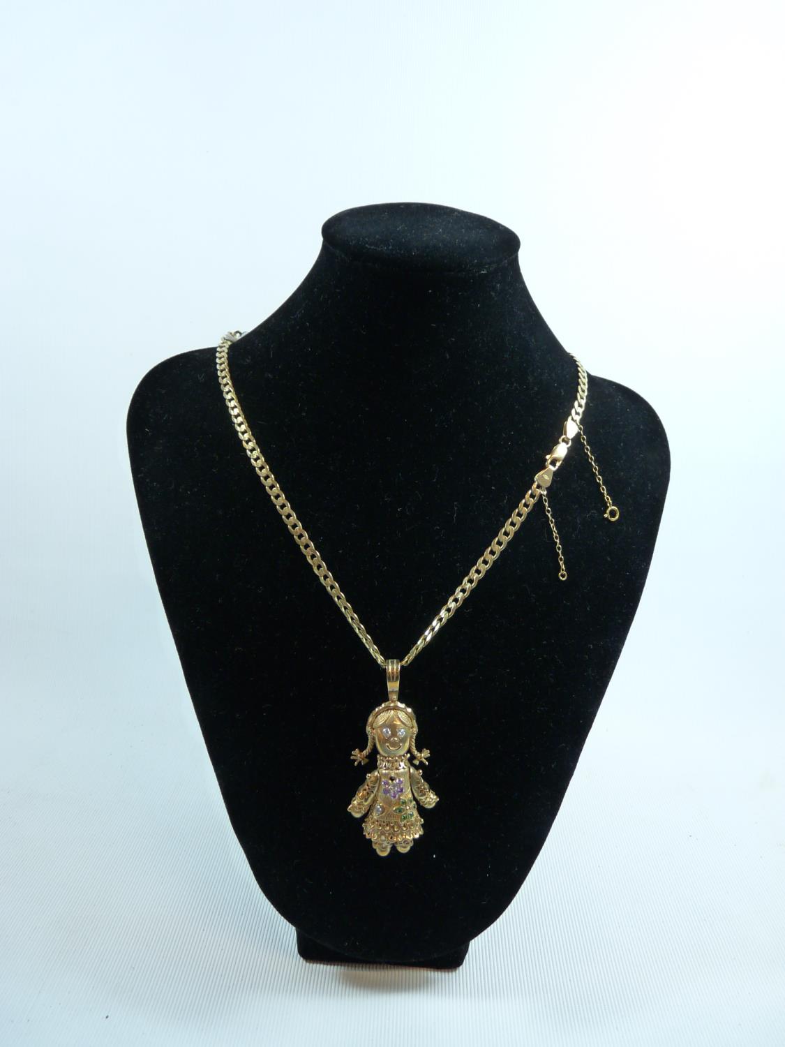 Ladies 9ct Gold Curb necklace with Gem set 9ct Gold Doll Pendant 34.4g total weight