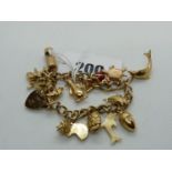 Ladies 9ct Gold Charm bracelet with Padlock and 15 assorted charms, 40g total weight