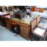 Edwardian Green Leather topped Directors desk with brass drop handles