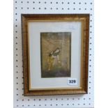 Ragini Indian Silk of a woman and deer, framed and mounted, 10 x 15cm