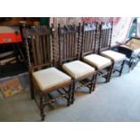Set of 4 Oak Barley twist dining chairs with upholstered drop in seats