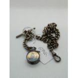 Edwardian Silver watch chain with T Bar and Charm depicting a hand painted sailing boat scene 67g