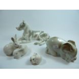 USSR figure of a recumbent Great Dane with blue printed back stamp, Elephant, and Rabbits (4)