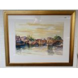Large Framed and mounted Watercolour of St Ives Bridge Signed Cook, 69 x 78cm