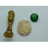 Georgian Carved Shell Cameo, Green Cut glass Intaglio and a Brass foliate wax seal