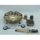 Collection of assorted Small Silver items inc. Thimbles, Ashtray, Pill box with filigree