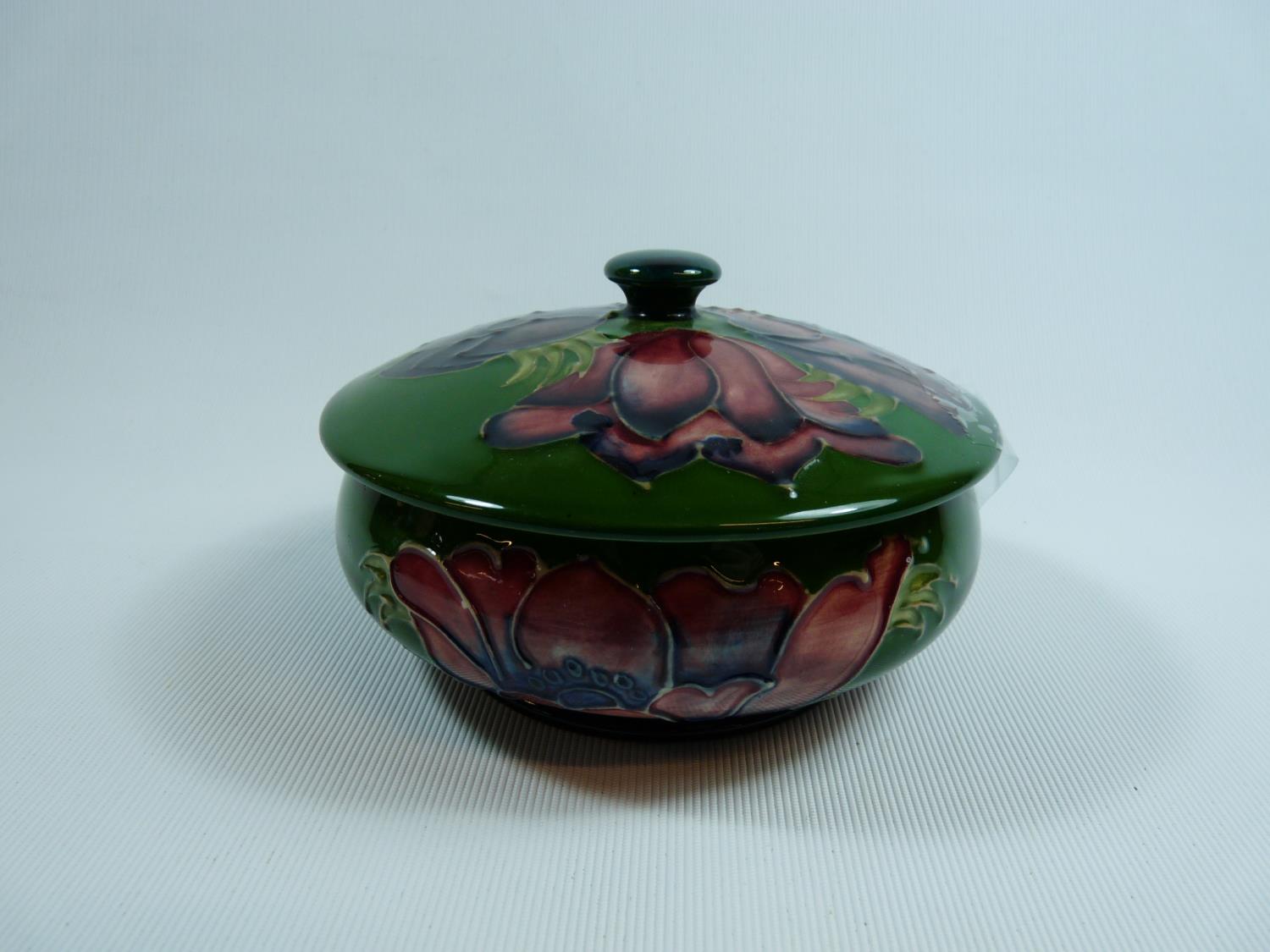 Moorcroft Anemone pattern lidded powder pot with green impressed mark to base, 8cm in Height