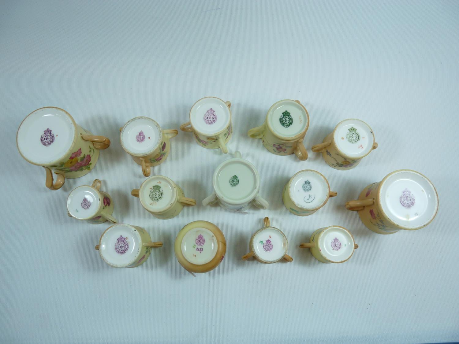 Collection of Royal Worcester Blush Ivory floral decorated Miniature Tygs and Cups and a Lidded pill - Image 2 of 2