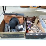 2 Boxes of Military related items inc. Warden Helmet, Boots, Gun Holster, Belts etc