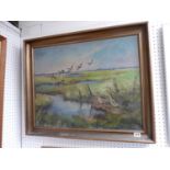 Framed Oil on canvas Norwegian school of Brent Geese in Marshland signed to bottom right, 61 x 48cm