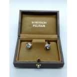 Boxed Robinson Pelham Pair of 14ct White Gold Rubover Blue Topaz earrings, 3.5g total weight