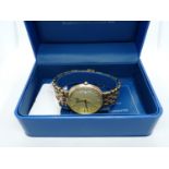 Boxed Gents 9ct Gold Rotary wristwatch with baton dial, 48g total weight with movement