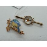 9ct Gold Brooch with enamel Blue tit decoration and a 9ct Gold Essex Crystal Bar brooch with inset