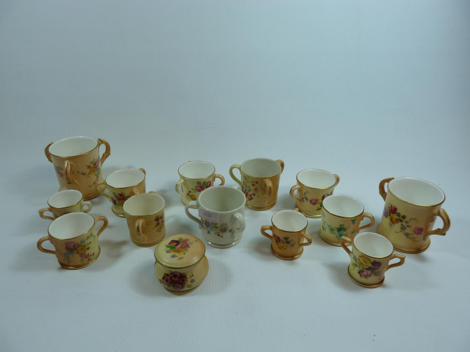 Collection of Royal Worcester Blush Ivory floral decorated Miniature Tygs and Cups and a Lidded pill