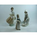 2 Nao figures of a Girl with Sheep and one with a flower basket and a Lladro Girl with Piglet