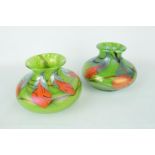 Pair of Okra Glass 'Fantasia' Pattern vases of Squat design, one signed Sarah Cowa, 10cm in Height