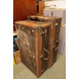 2 VINTAGE LOUIS VUITTON SUITCASE early 20thc monogrammed suitcases with leather trim, brass studs
