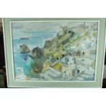 Diana Antonakatou (1922 - 2012), Framed watercolour of Santorini coastline. Signed to bottom