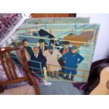Pair of unframed Modernist design Oil on canvas's of buyers at a cattle market (thought to be St