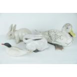 Studio Pottery crackle glaze model of a White Duck, 2 Studio pottery Rabbits and a Model of Tern.